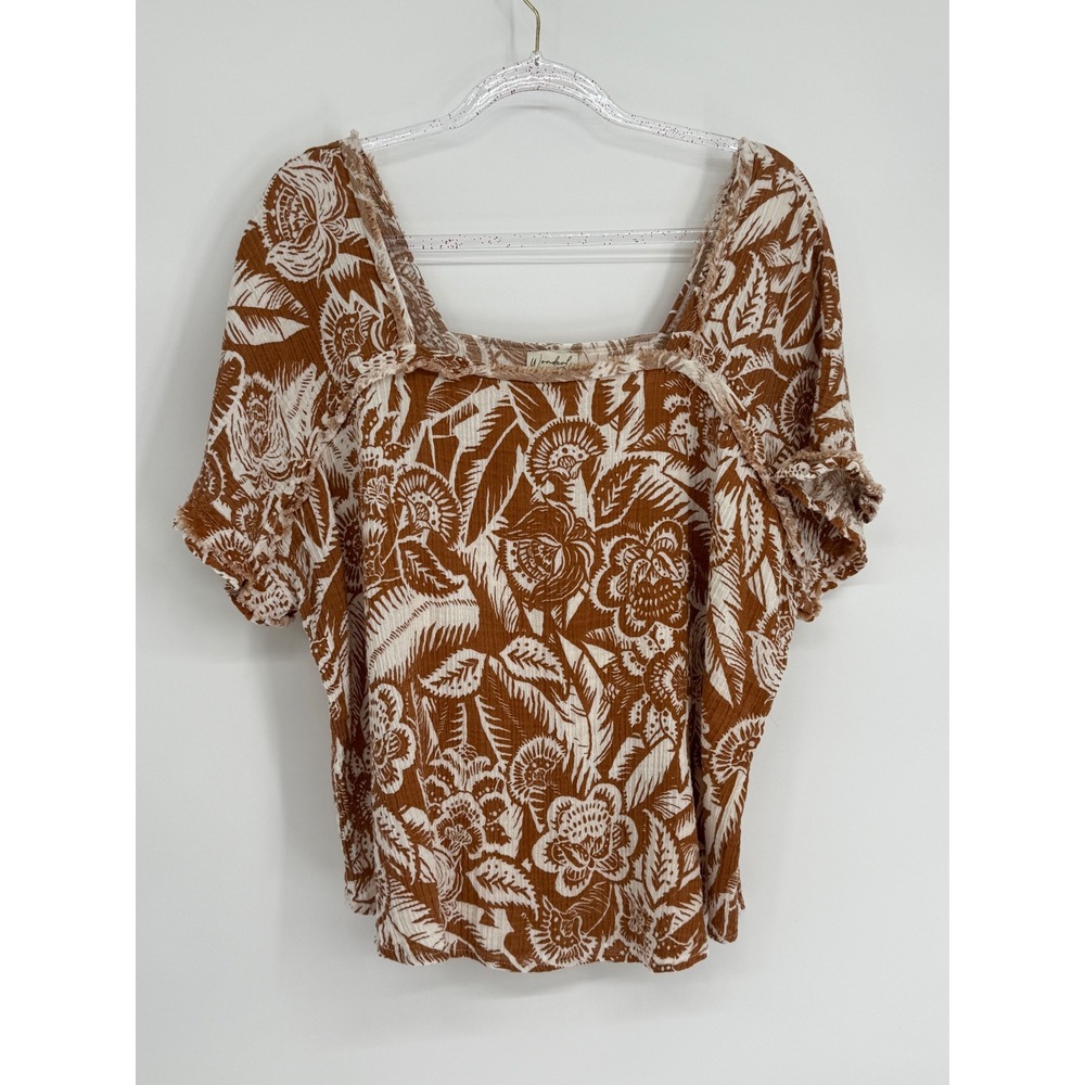 Wonderly Women Rust Floral Cotton Gauze Square Neck Boho Blouse Crochet Sz 1X